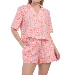NEW Sigrid Olsen Sleepwear Size Pink Coral Tropical Notch Pajama 2 pcs Short Set
